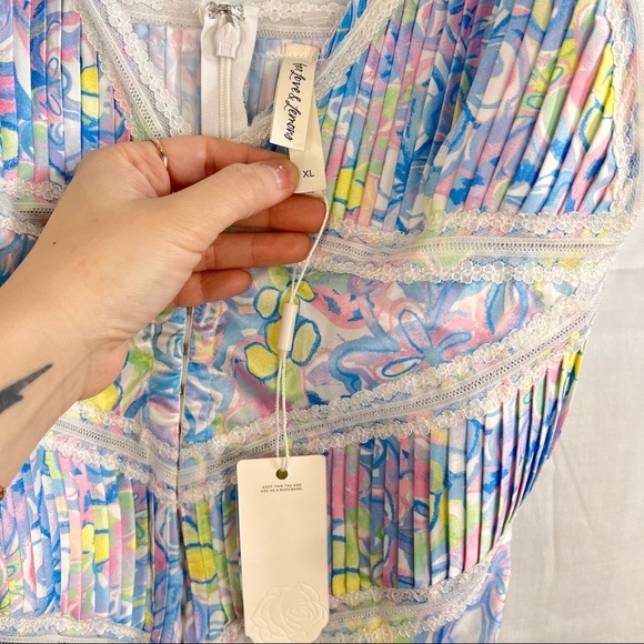 For Love & Lemons Sun Dress Sz XL Blue Floral Midsummer Flutter Straps Retro NWT - Picture 9 of 13